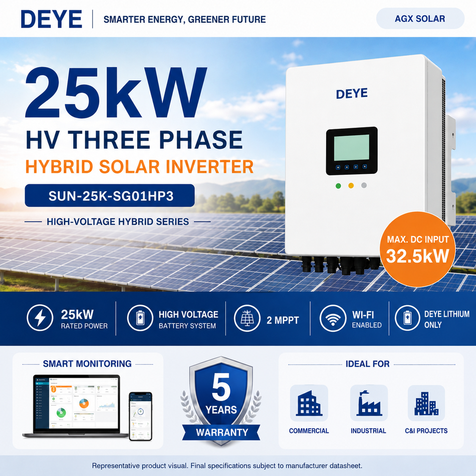 Deye 25kW High Voltage Three Phase Hybrid Solar Inverter | 2 MPPT | Wi-Fi Enabled | SUN-25K-SG01HP3