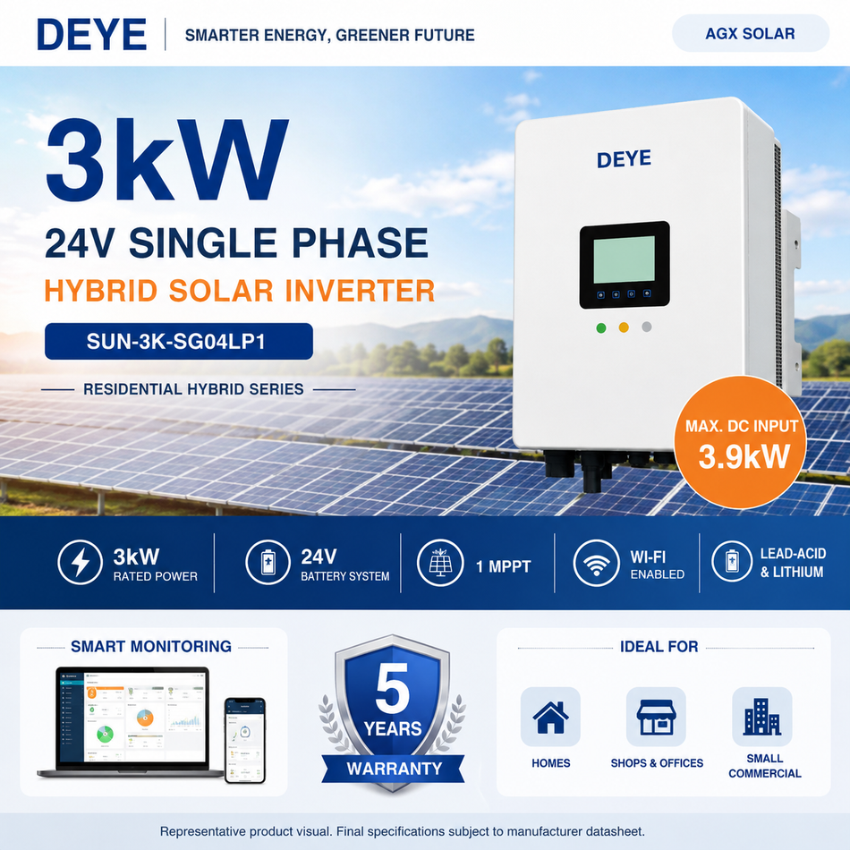 Deye 3kW 24V Single Phase Hybrid Solar Inverter | 1 MPPT | Wi-Fi Enabled | SUN-3K-SG04LP1