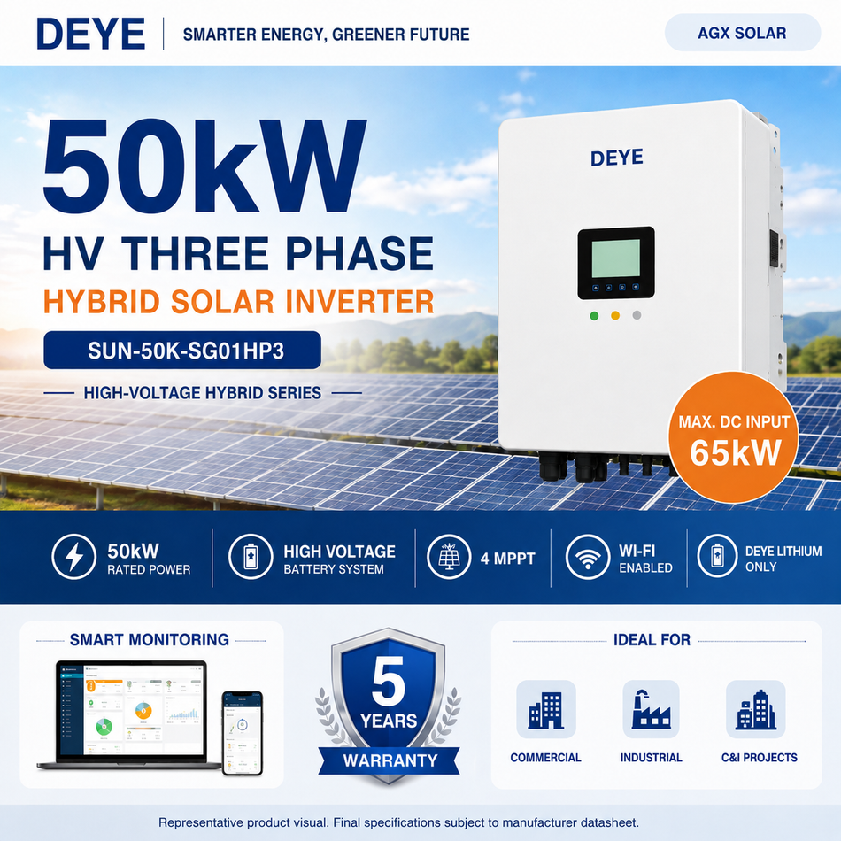 Deye 50kW High Voltage Three Phase Hybrid Solar Inverter | 4 MPPT | Wi-Fi Enabled | SUN-50K-SG01HP3