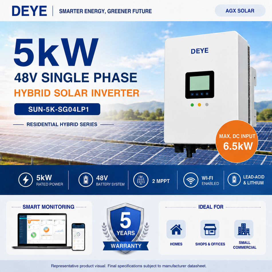 Deye 5kW 48V Single Phase Hybrid Solar Inverter | 2 MPPT | Wi-Fi Enabled | SUN-5K-SG04LP1