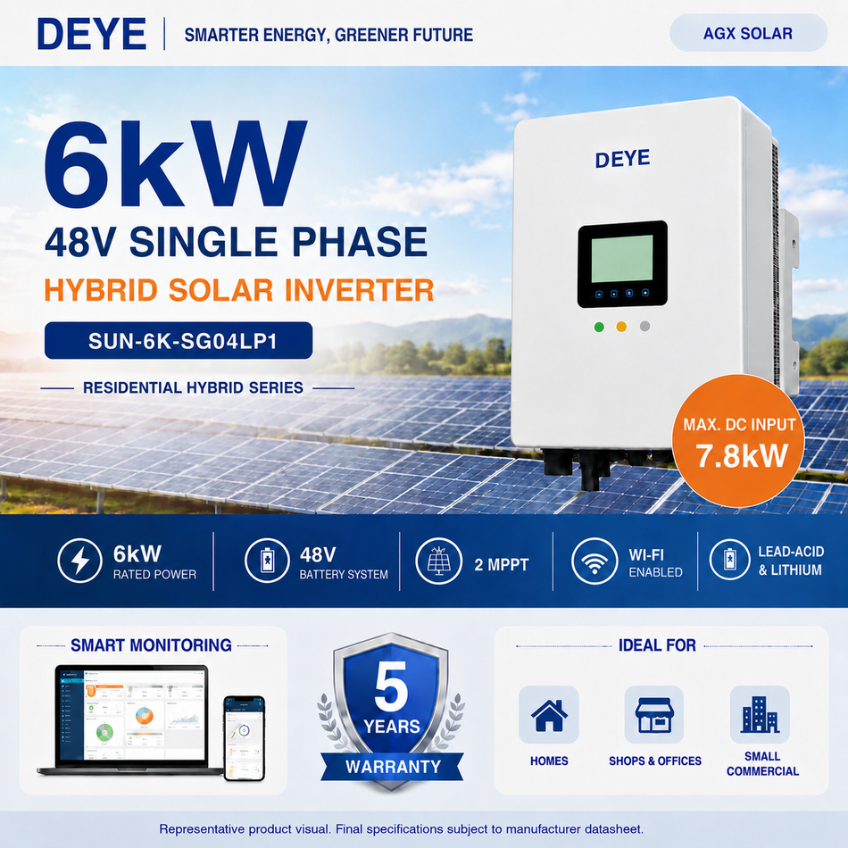 Deye 6kW 48V Single Phase Hybrid Solar Inverter | 2 MPPT | Wi-Fi Enabled | SUN-6K-SG04LP1
