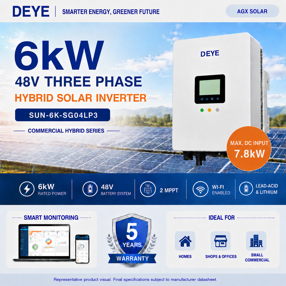 Deye 6kW 48V Three Phase Hybrid Solar Inverter | 2 MPPT | Wi-Fi Enabled | SUN-6K-SG04LP3