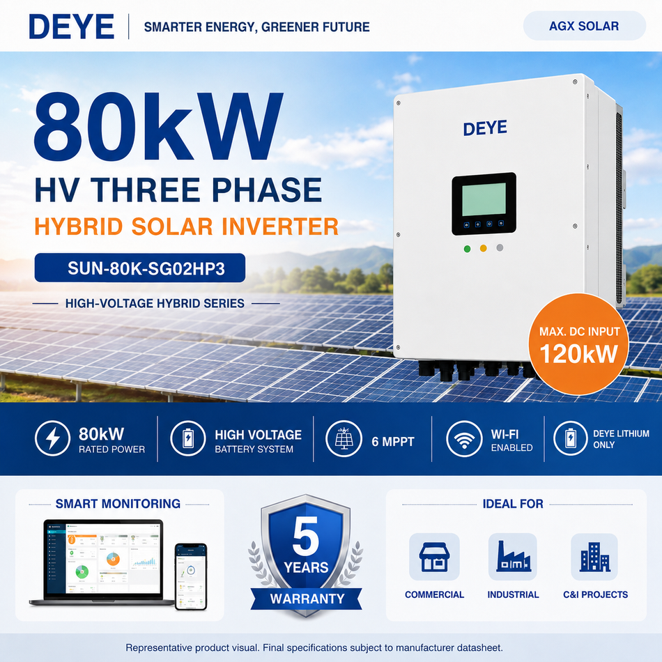 Deye 80kW High Voltage Three Phase Hybrid Solar Inverter | 6 MPPT | Wi-Fi Enabled | SUN-80K-SG02HP3
