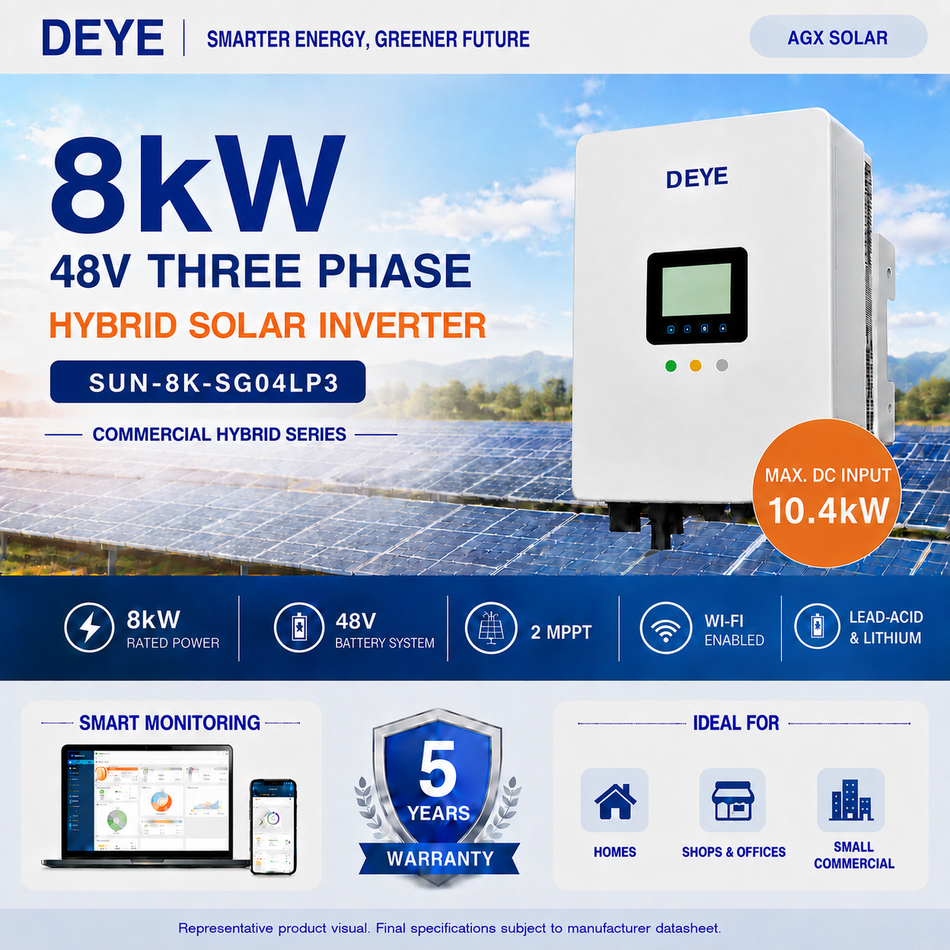 Deye 8kW 48V Three Phase Hybrid Solar Inverter | 2 MPPT | Wi-Fi Enabled | SUN-8K-SG04LP3