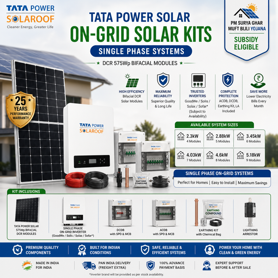 Tata Power Solar 5.18kW On-Grid Solar System Bundle | Single Phase | DCR Bifacial | Complete Solar Kit