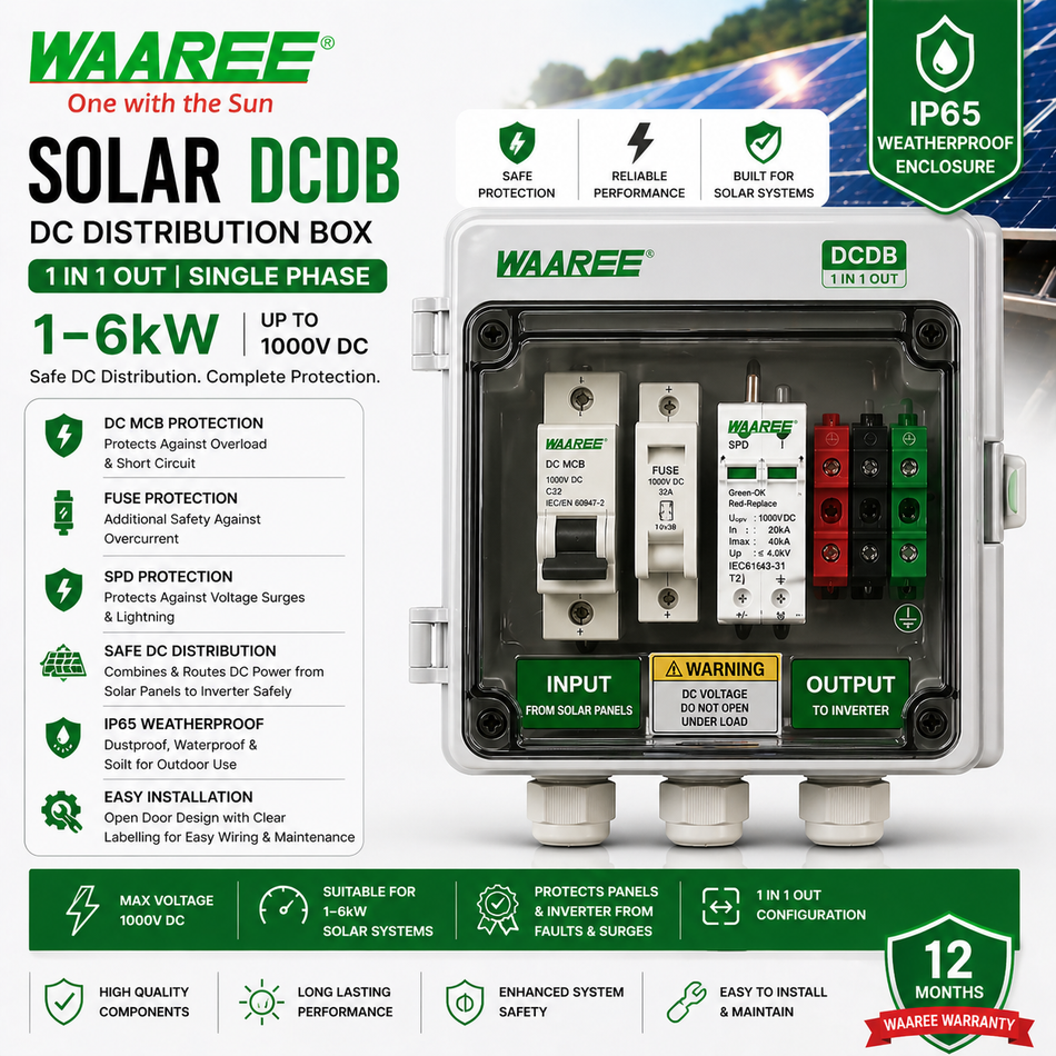 Waaree Solar DCDB 1 In 1 Out | Single Phase | 1–6kW | DC MCB + Fuse + SPD Protection