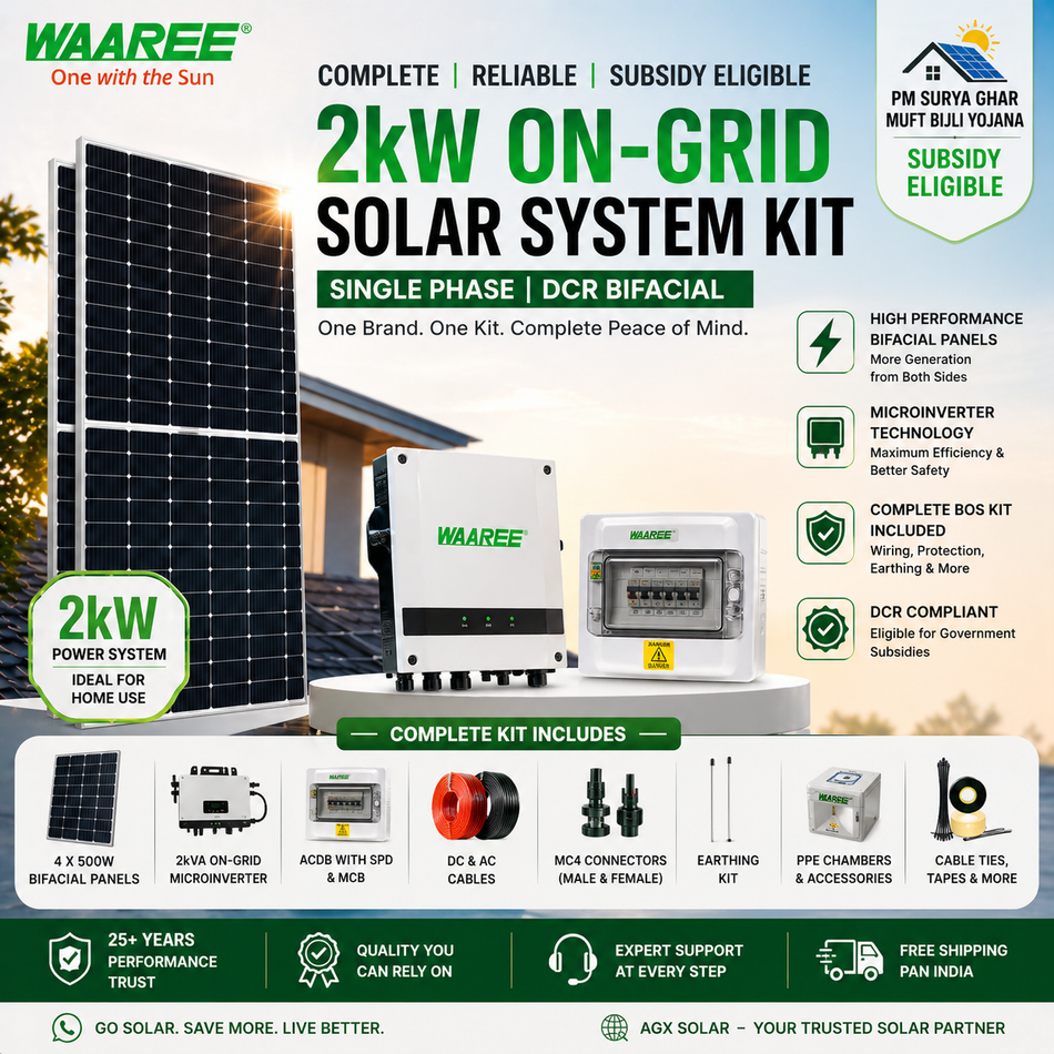 Waaree Radiance 2kW On-Grid Solar System Kit (Single Phase) | DCR Bifacial | PM Surya Ghar Subsidy Eligible | Complete Solar Kit