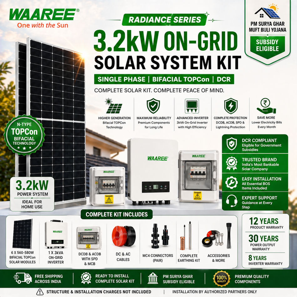 Waaree Radiance 3.2kW On-Grid Solar System Kit | Single Phase | Bifacial TOPCon DCR | PM Surya Ghar Subsidy Eligible
